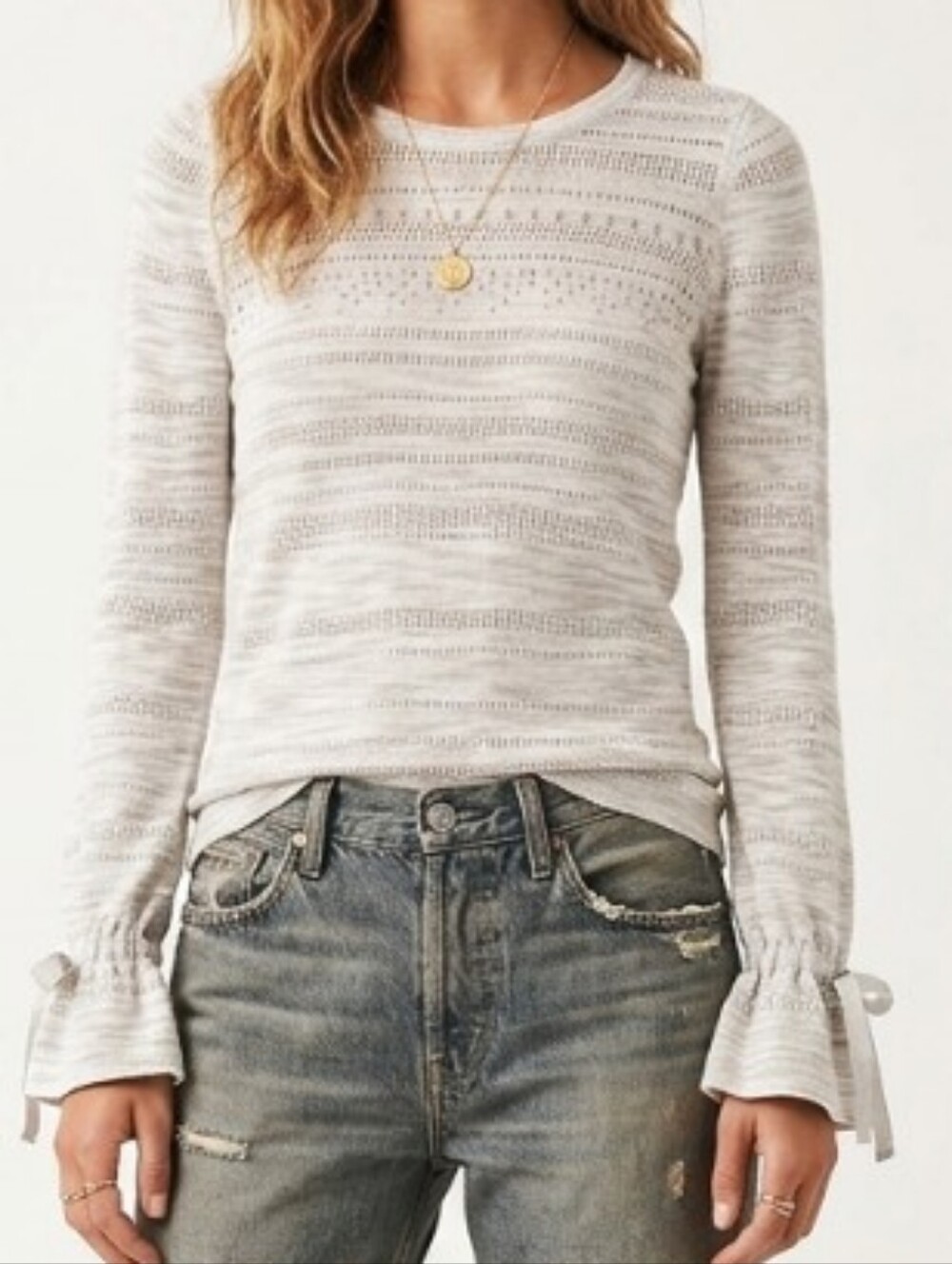 White House Black Market Taupe Open Knit & Metallic Detail Sweater Ribbon Cuffs